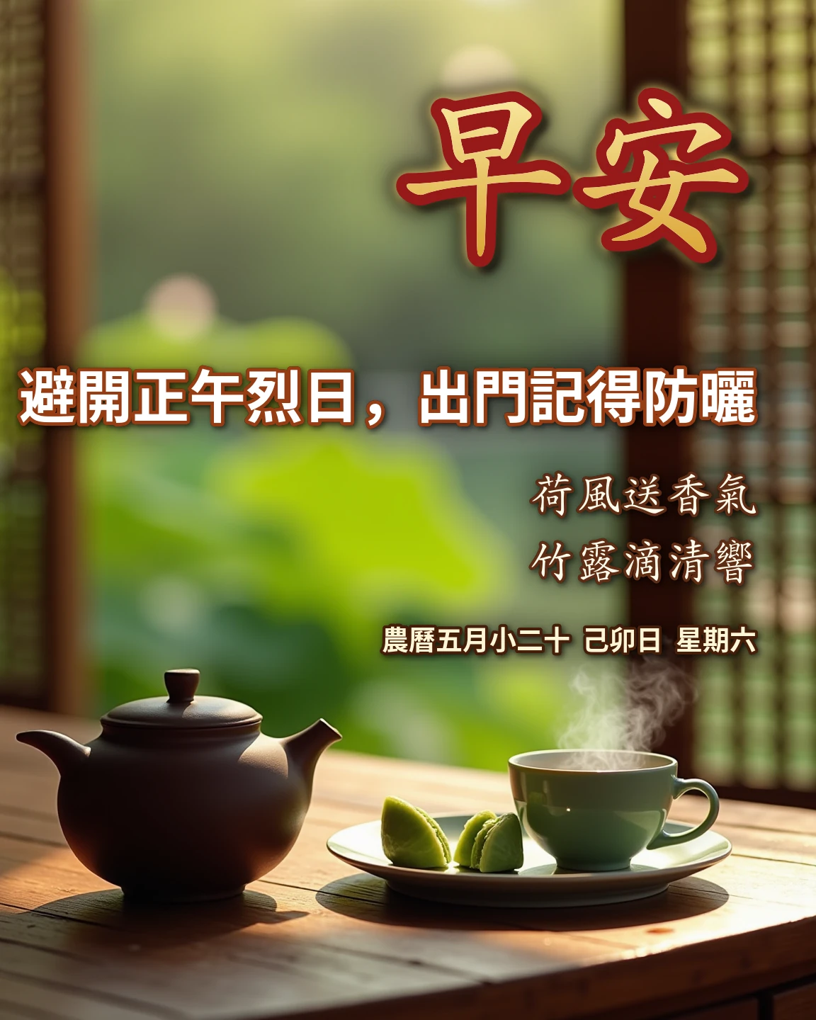 早安 避開正午烈日，出門記得防曬 長輩早安圖